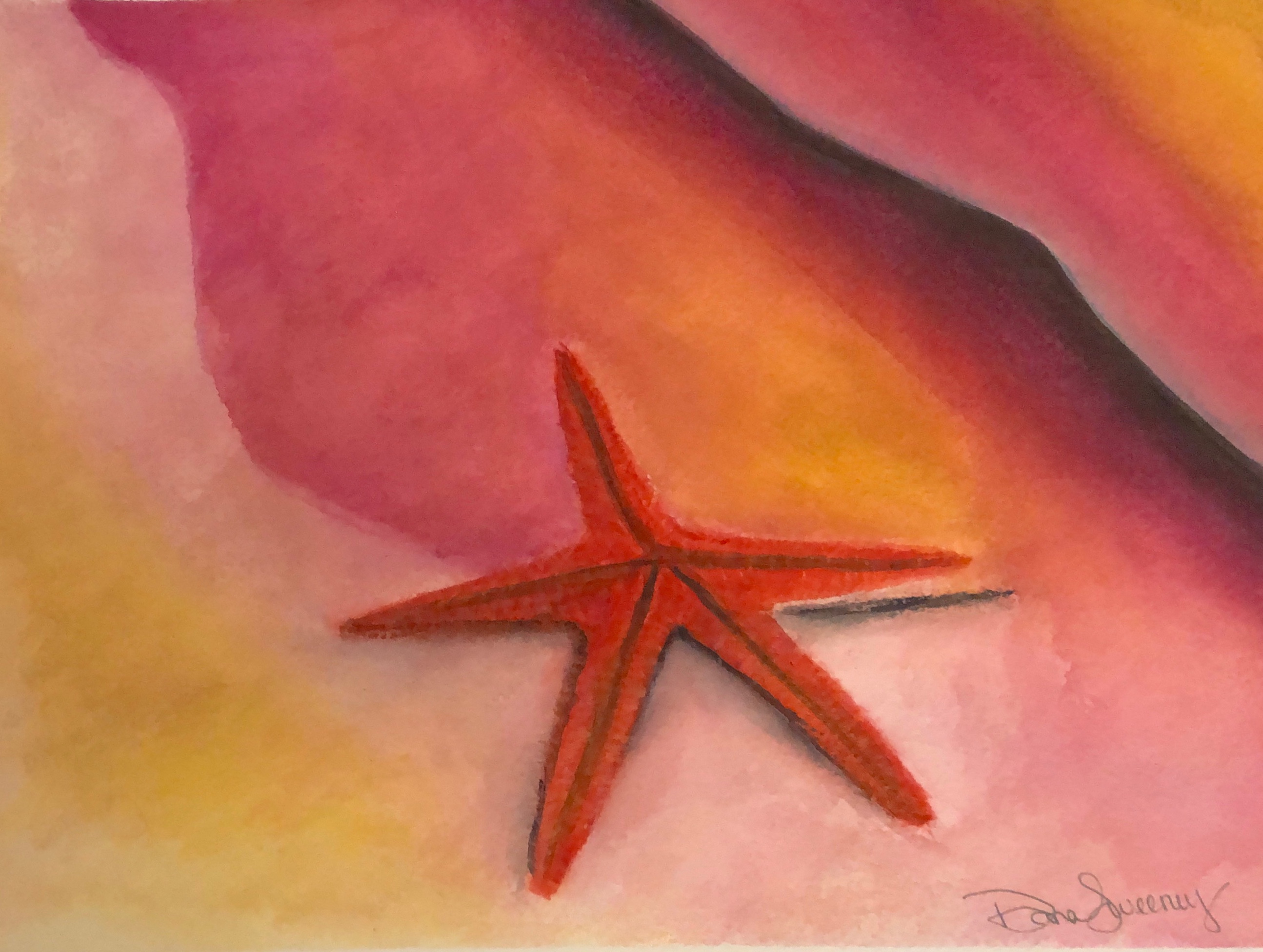 Red starfish on pink/yellow/orange background in watercolor