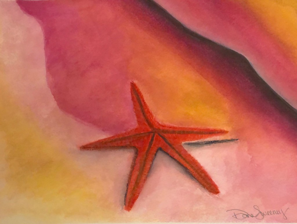 Red starfish on pink/yellow/orange background in watercolor
